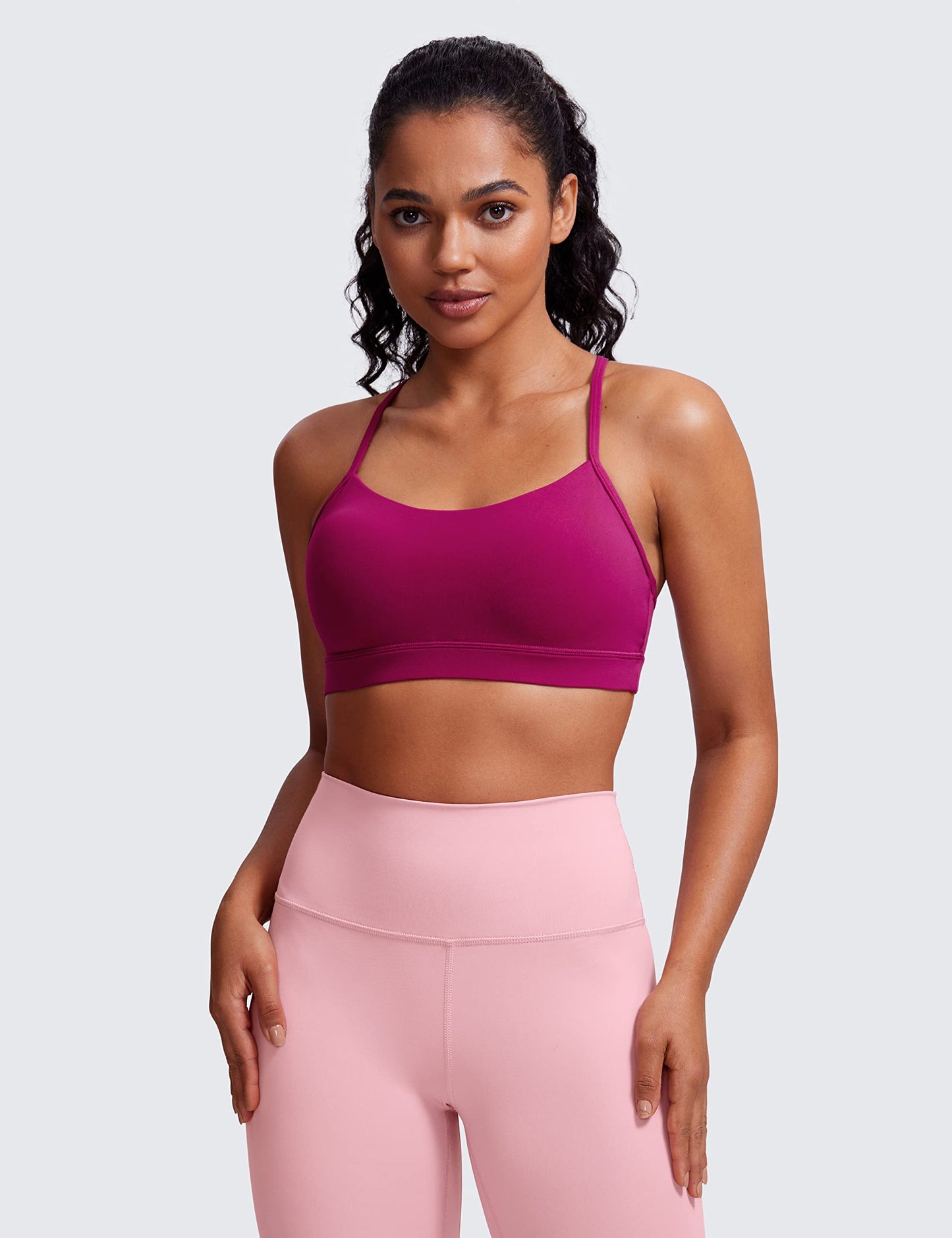 CRZ YOGA Butterluxe Womens Y Back Sports Bra - Padded Racerback Low Impact Spaghetti Thin Strap Workout Yoga Bra Magenta Purple Medium