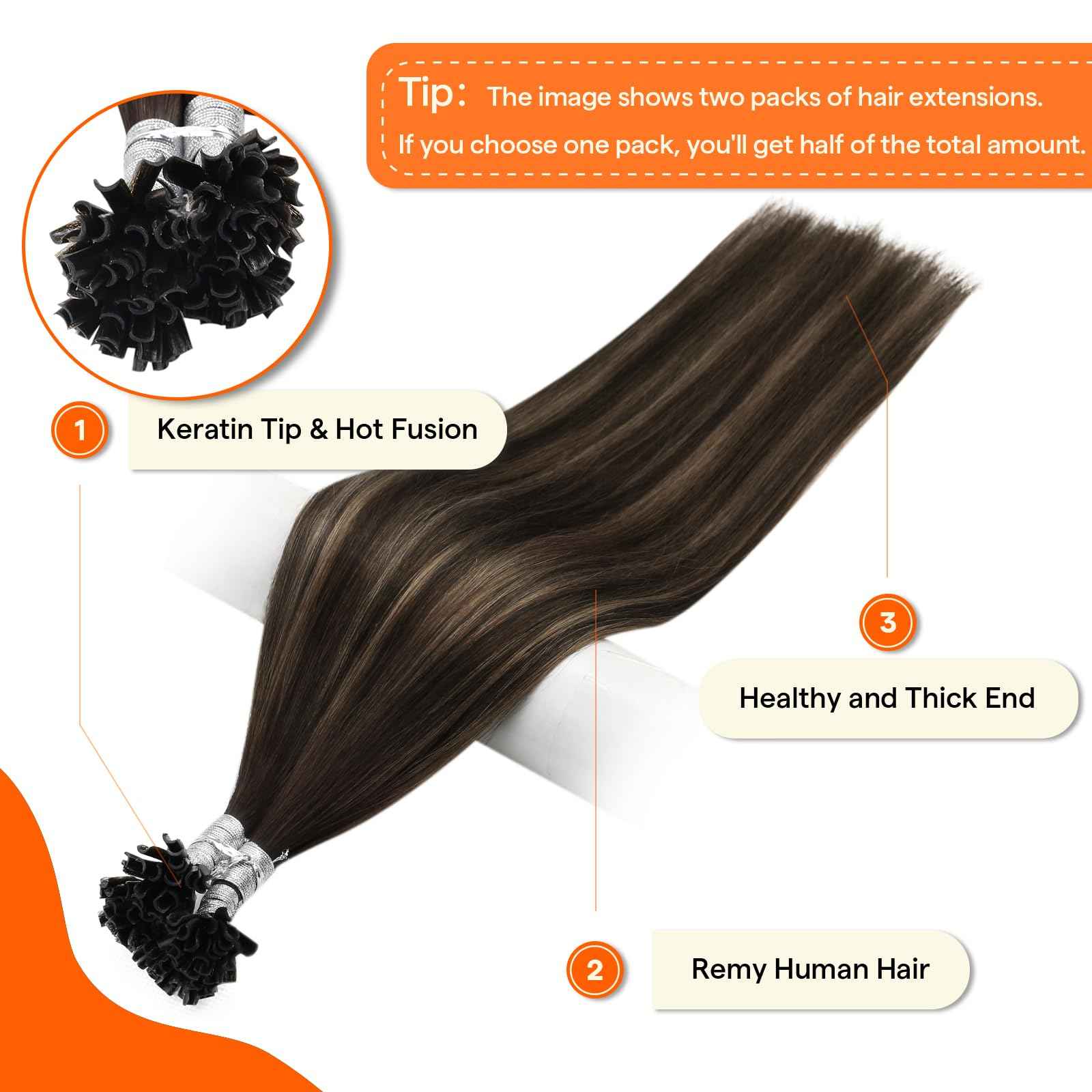 Full Shine U Tip Hair Extensions Real Human Hair 18 Inch Keratin Hair Extensions Utips Balayage Brown Fusion Extensions Natural Straight Remy Hair 50 Grams for Women