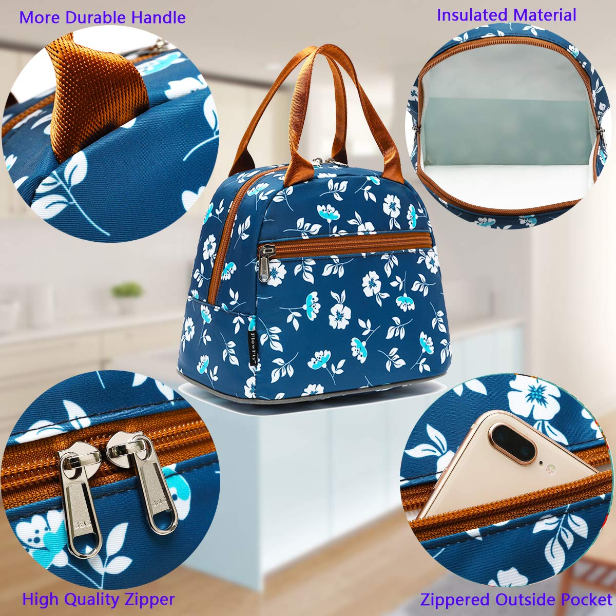 FlowFly Lunch Bag Tote Bag Lunch Organizer Lunch Holder Insulated Lunch Cooler Bag for Women/Men,Floral