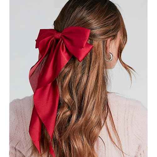 Red Hair Bow for Women Girls, Big Satin Bow Clip with Long Tail Red Hair Accessories