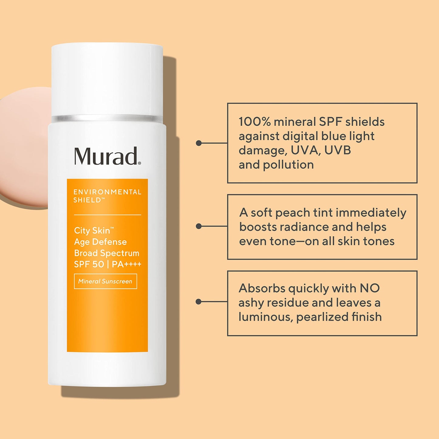 Murad City Skin Age Defense Broad Spectrum SPF 50 - Environmental Shield 100% Mineral Sunscreen - Blue Light Defense - SPF 50 Sunscreen - Light Sunscreen for Face, Travel 0.6 Fl Oz