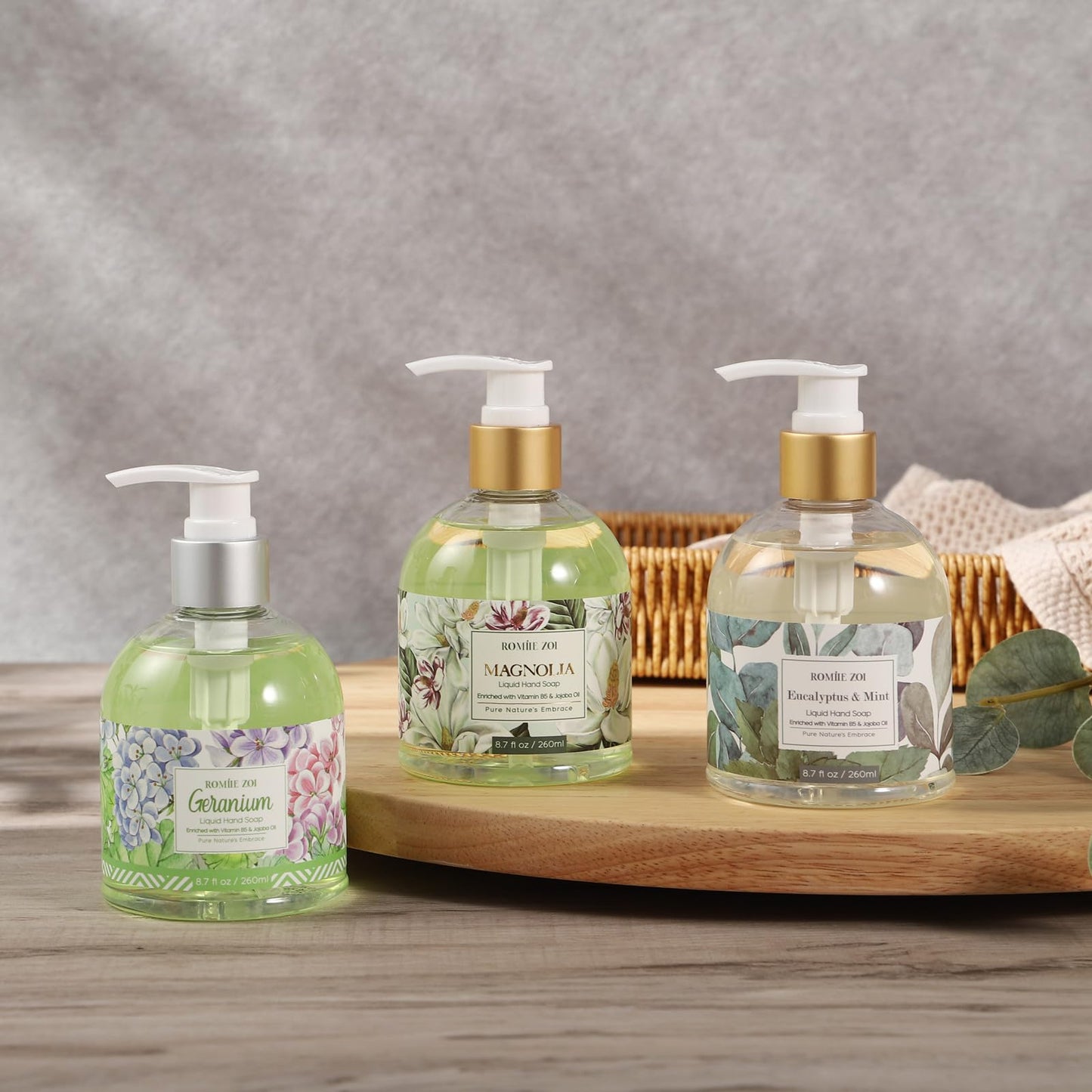 ROMIIE ZOI Liquid Hand Soap with Gift Box - 260ml/ 8.7 fl.oz - Variety Pack of 3 (Geraniumt,Eucalyptus&Mint,Magnolia)