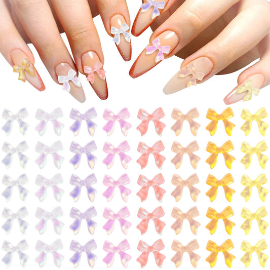 HINZIC 160 Pcs Gradient Bow Nail Charm 3D Cute Bowknot Acrylic Nails Resin Glitter Pearl Rhinestones Beach Spring Summer Wedding Prom Engagement Accessories for Invitation Phone Case Hair Clips