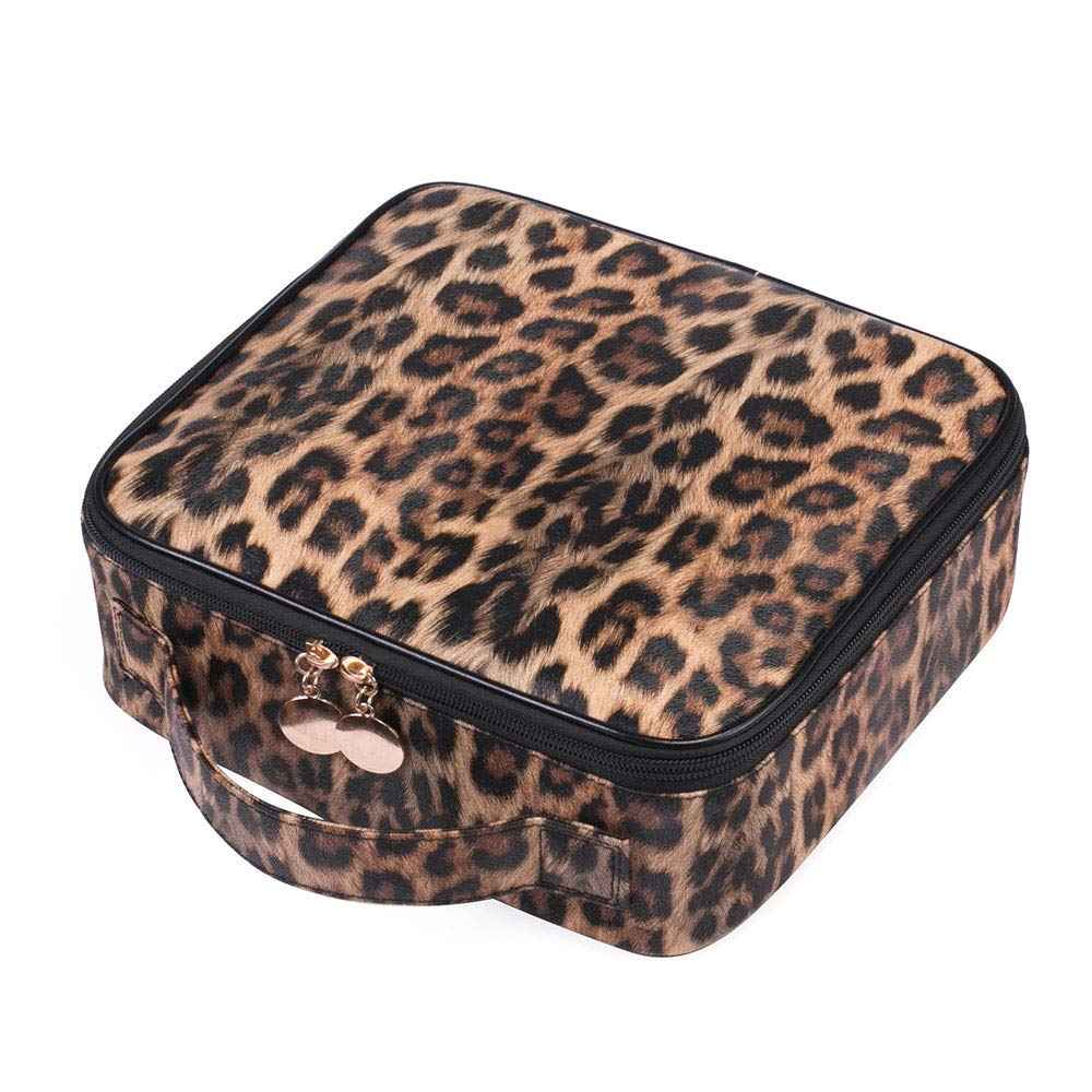 JUER Travel Makeup Train Case with Adjustable Dividers White Marble Makeup Organizer Bag Portable Cosmetic Storage Cases with Brush Holders (Leopard texture)