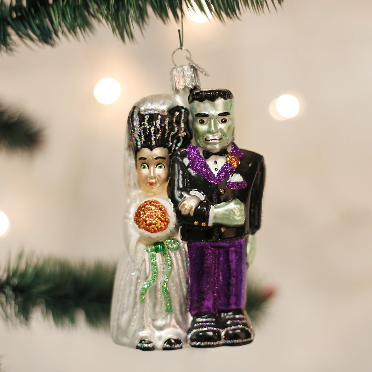 Old World Christmas Halloween Decorations Glass Blown Ornaments for Christmas Tree Frankenstein and Bride