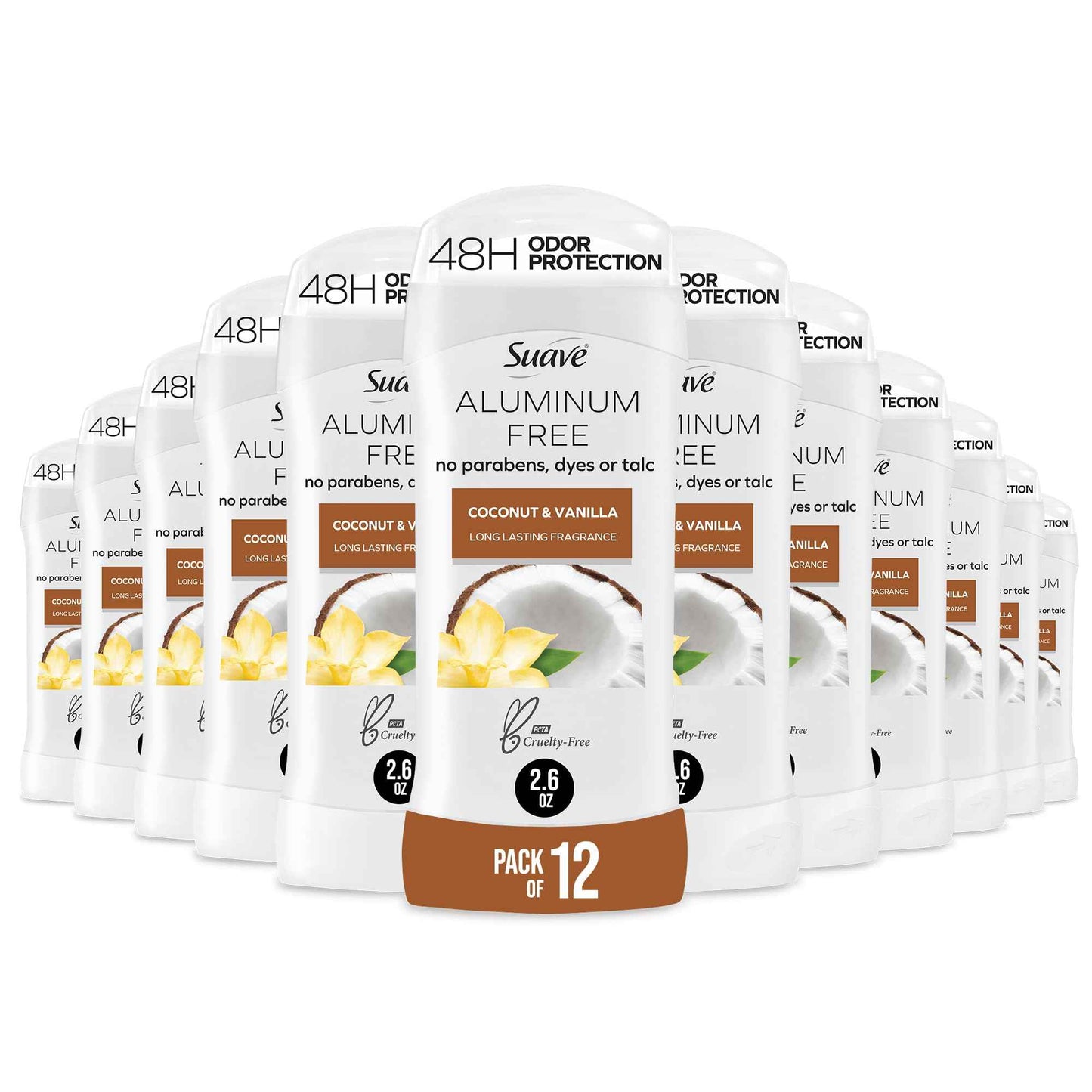 Suave Aluminum Free Deodorant for Women, Coconut & Vanilla, 48-Hour Odor Protection, Free of Talc, Parabens & Dyes 2.6 oz (Pack of 12)