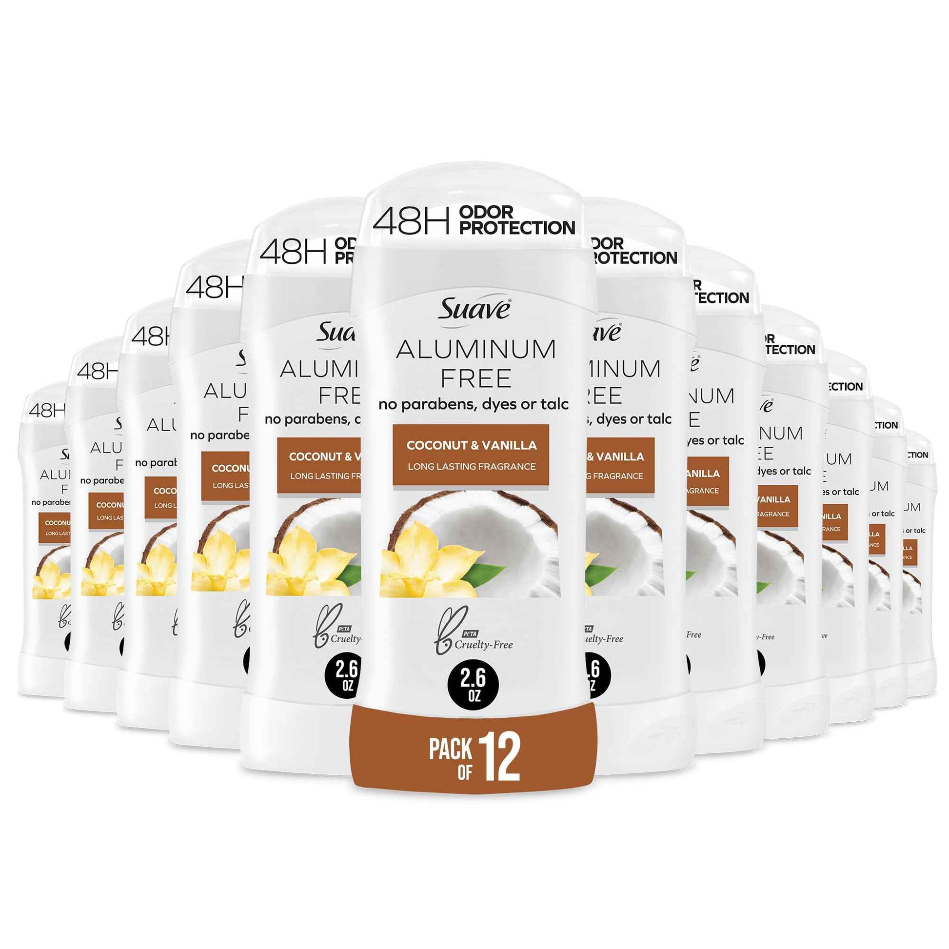 Suave Aluminum Free Deodorant for Women, Coconut & Vanilla, 48-Hour Odor Protection, Free of Talc, Parabens & Dyes 2.6 oz (Pack of 12)