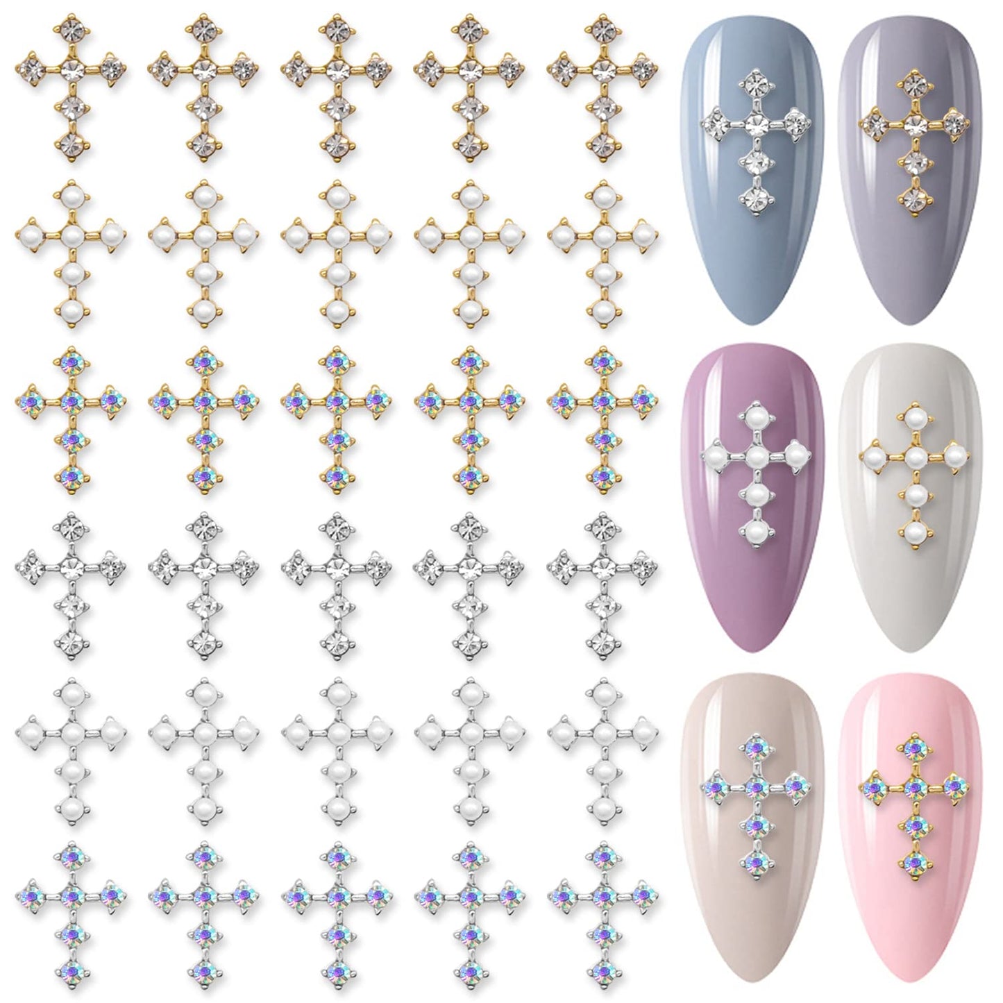 DANNEASY 30pcs Cross Nail Charms 3D Gold Silver Nail Jewels AB Nail Rhinestones Cross Charms for Nails Design Metallic Nail Art Decoration for Acrylic Nails DIY Craft Nail Accessories