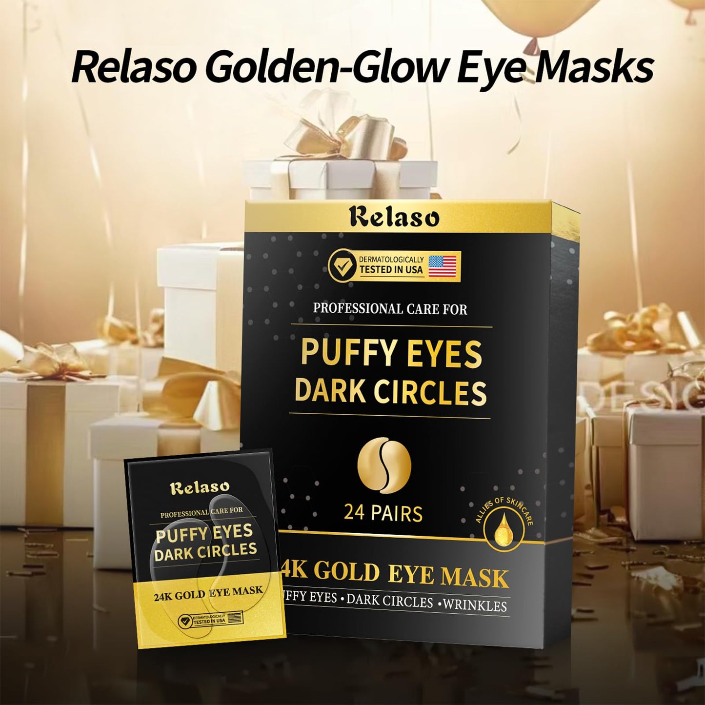 Under Eye Patches (24 Pairs Eye Gels), Golden Glow Under Eye Mask Rejuvenating Treatment for Dark Circles, Puffy Eyes, Wrinkles, Eye Bags, Brightening Skincare for Men & Women