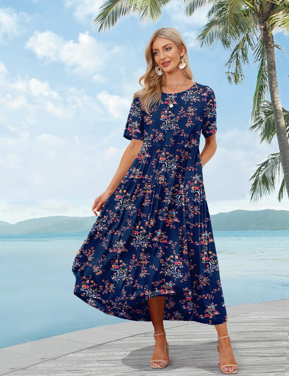 YESNO Women Casual Loose Bohemian Floral Dress with Pockets Short Sleeve Long Maxi Summer Beach Swing Dress S EJF CR30 Blue