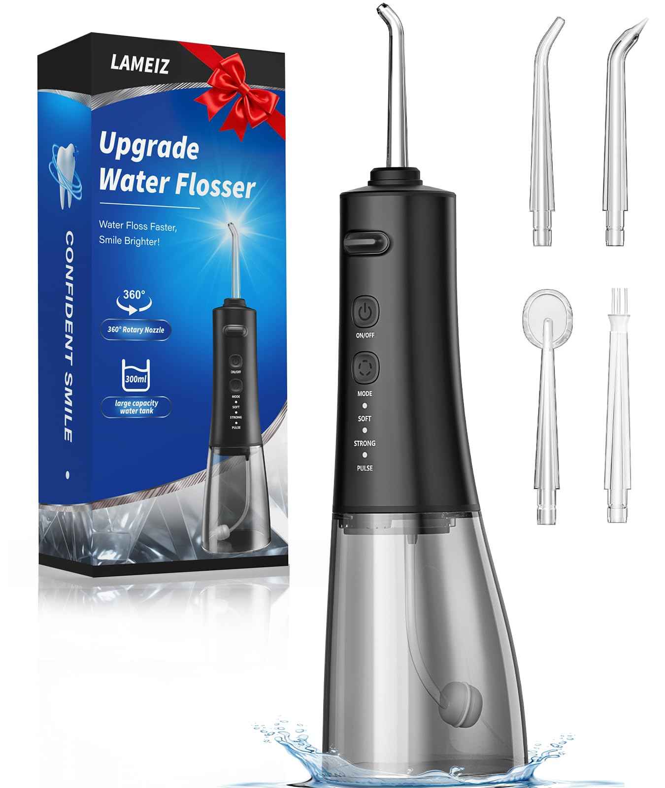 Water Flosser, 300ML Portable Cordless Water Dental Flossers for Teeth Deep Cleaning, IPX7 Waterproof Rechargeable Electric Oral Irrigator Teeth Pick for Travel Home Use and Braces Care (Black)