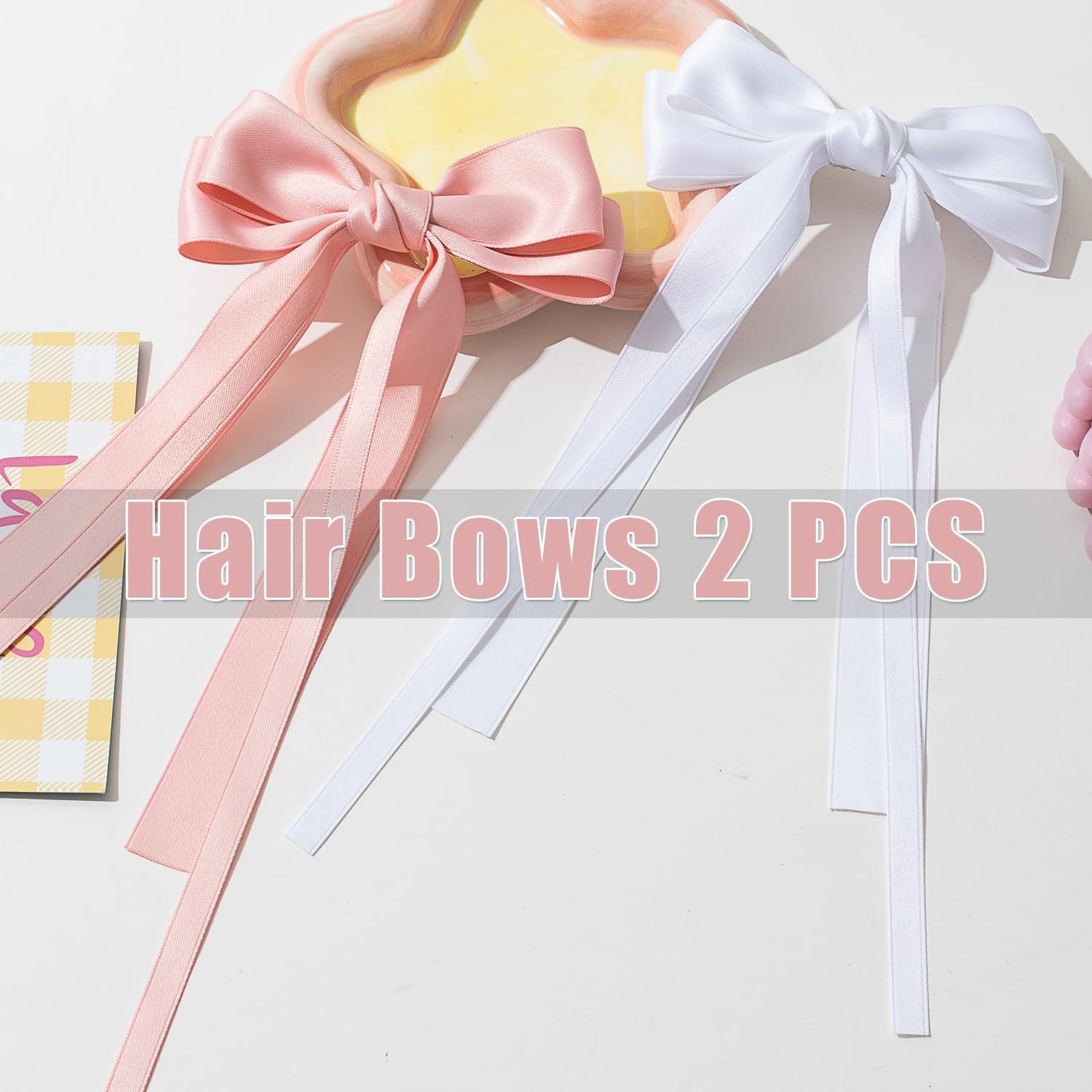 Large Hair Bows 2 PCS Ribbon Bow for Women,Hair Bows for Women,Oversized Long-tail Cute Aesthetic Hair Accessories,Large Hair Barrettes for Women,Big Bows for Girls（white, pink）