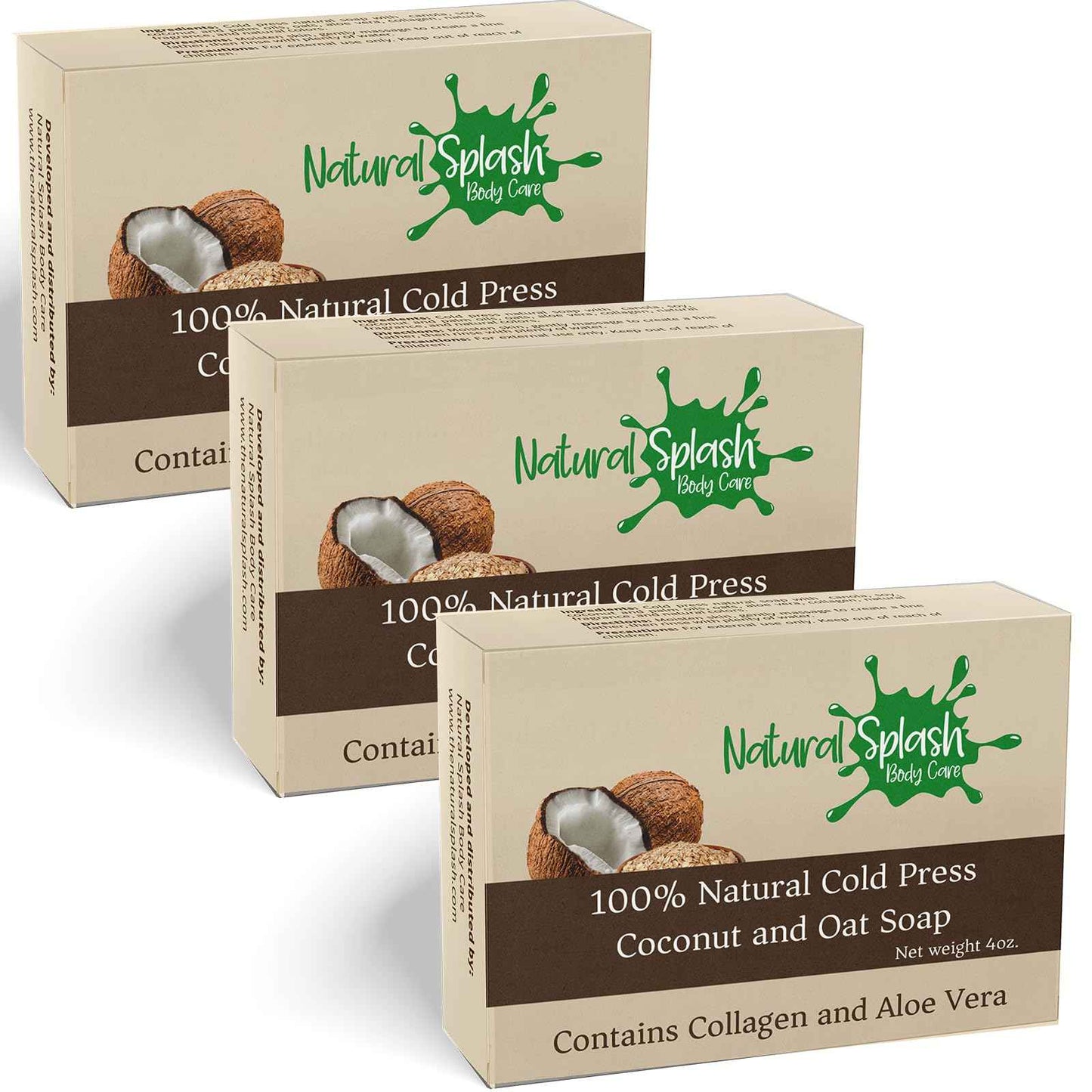Natural Splash Body Care Natural Handmade Cold Press Bar Soap - Coconut and Oat – Aloe Vera and Vegetable Collagen - Soft exfoliating Formula - 3 Pack