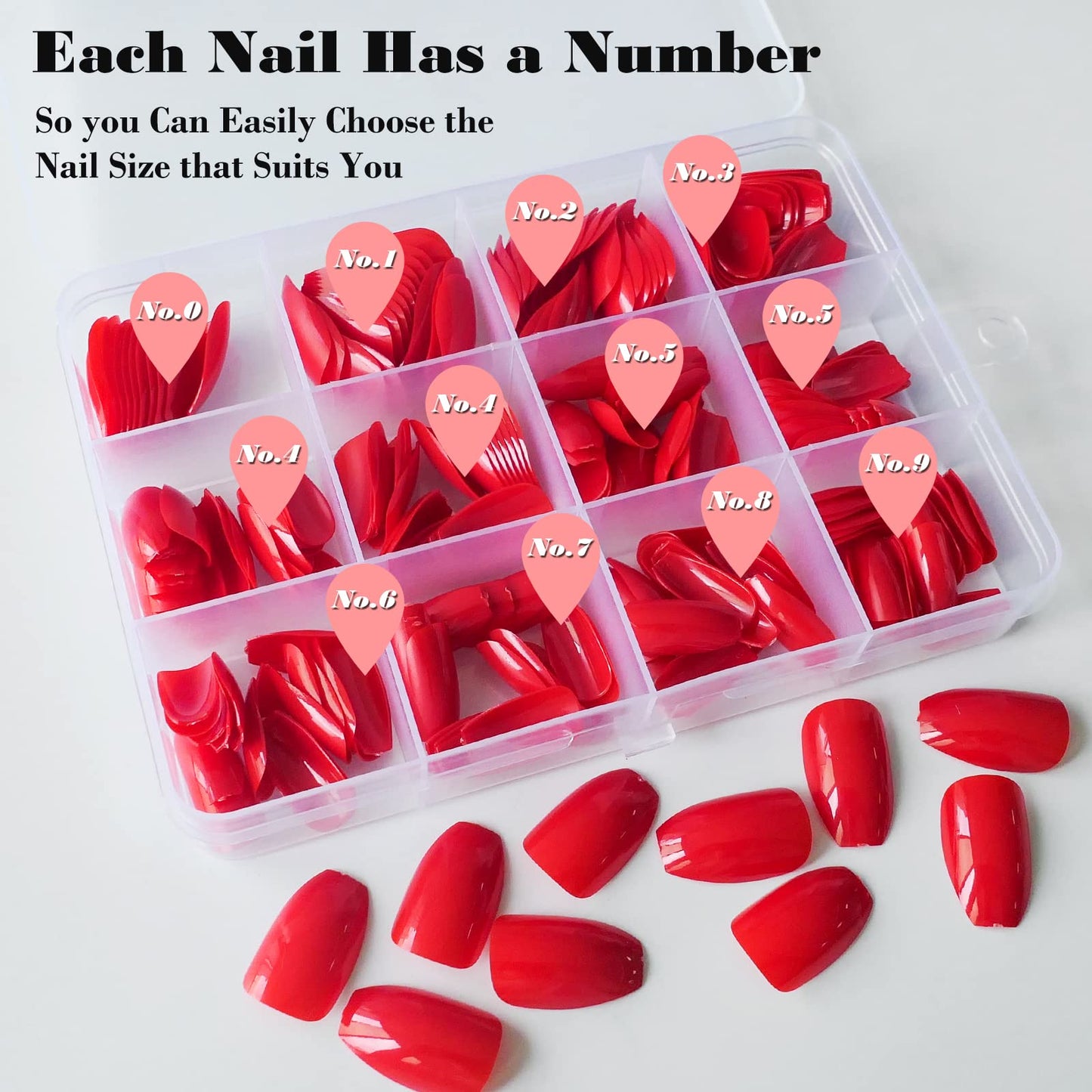 LoveOurHome 240pc Coffin Press on Nails Medium Length, Full Cover Short Ballerina Red Fake Nail Colored Artificial False Fingernail Acrylic Presson Tips with Glue Ahdesive Tabs for Women Girls