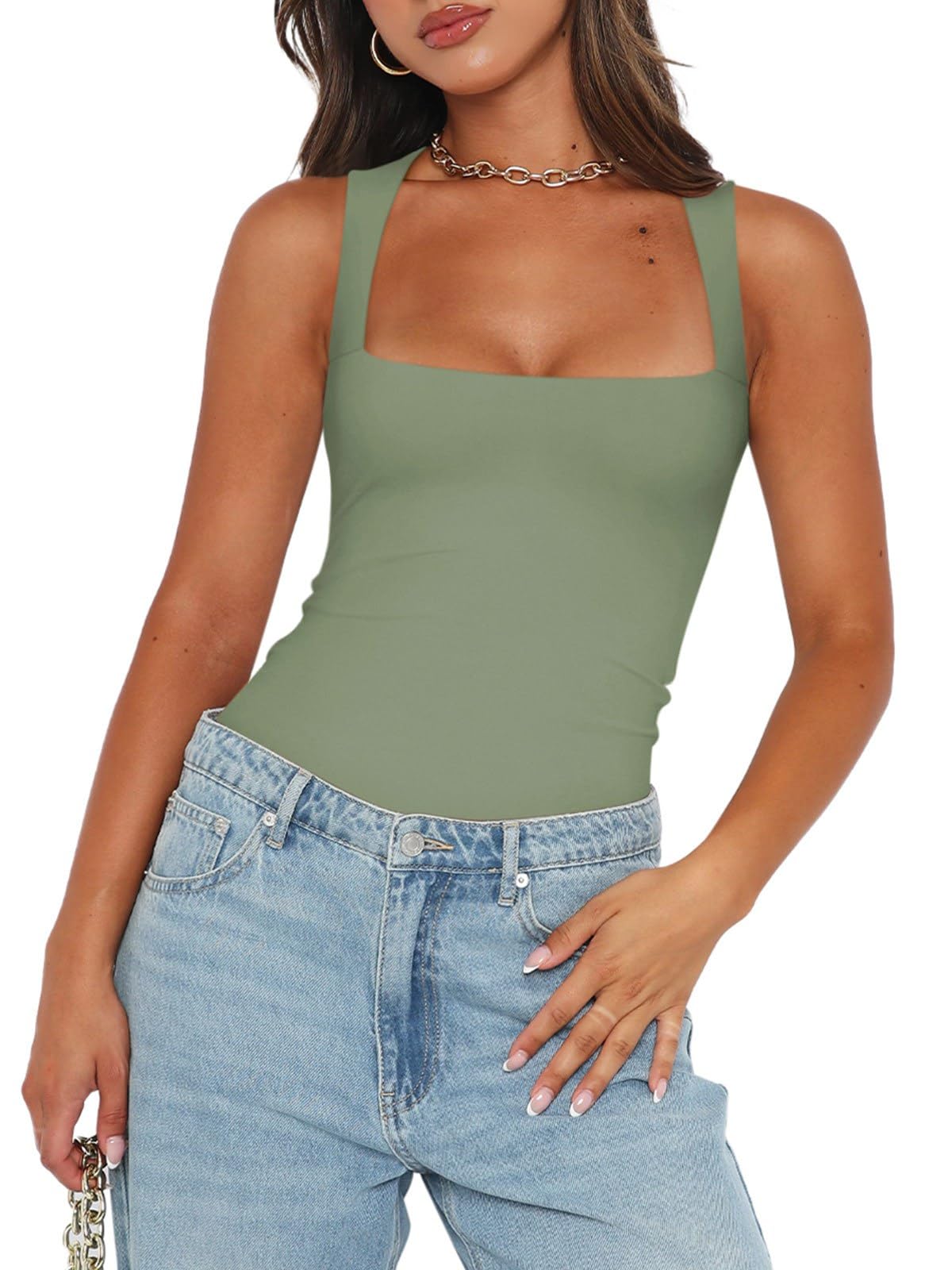 REORIA Womens Summer Sexy Sleeveless Square Neck Double Lined Going Out Cute Thong Bodysuit Tank Tops Dark Green X-Small