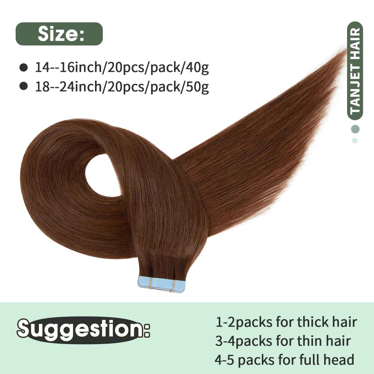 TANJET Tape in Hair Extensions 100% Remy Human Hair Soft Straight Seamless Skin Weft Hair Extensions Human Hair Tape in Hair Extensions Human Hair Chocolate Brown (#4 16 Inch 20pcs 40g/Pack)