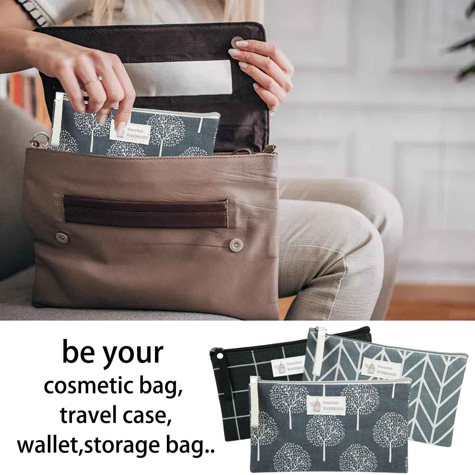 SHEHARUHI 3 Pcs Canvas Makeup Bags Set Cosmetic Small Bag Printed Cute Vacation Travel Toiletry Purse Zipper Pouch Multi-Function Bag Women Girls Favor