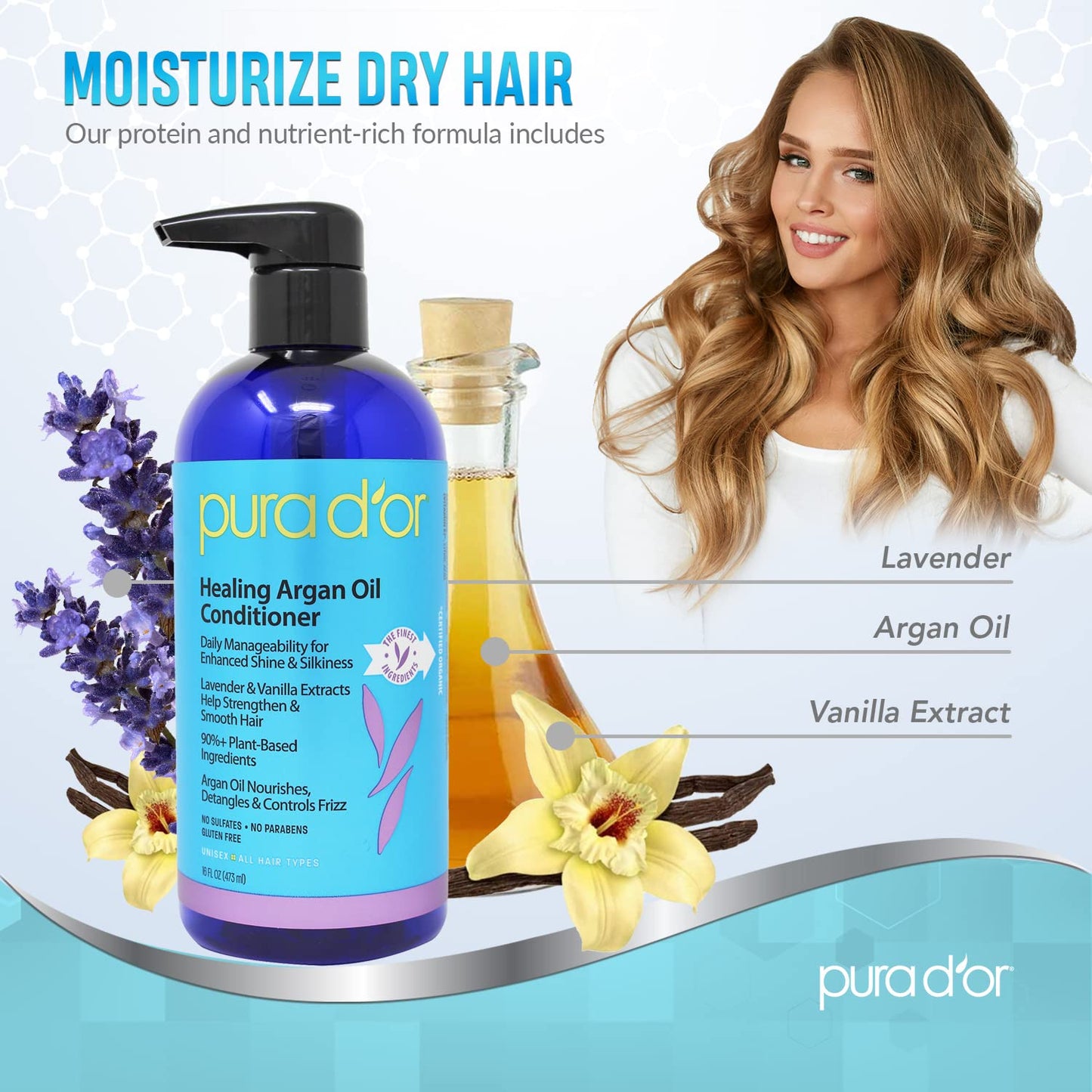 PURA D'OR Healing Argan Oil Conditioner (16oz) For Dry, Damaged, Frizzy Hair, w/Aloe Vera, Lavender, Vanilla, Coconut, Retinol & Vitamin E, Sulfate No, All Hair Types, Men Women (Packaging may vary)