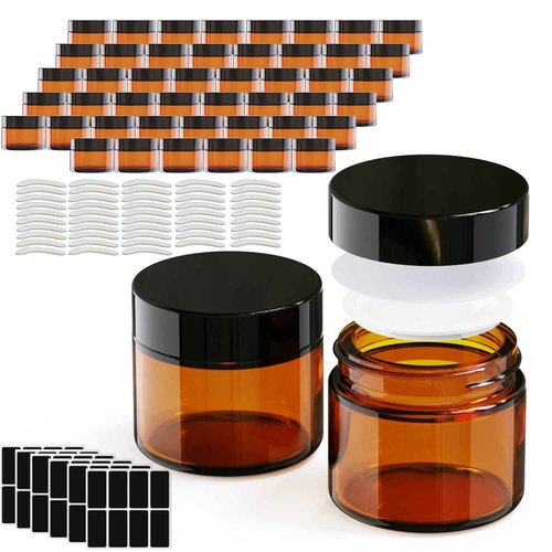 48Pack 1 oz, Small Amber Glass Cosmetic Candle Jars with Black Lids, Empty Refillable Travel Container For Cream,Lotions, Powders,Salves,Slime Storage,With Lables And Inner Liners (48, Amber)