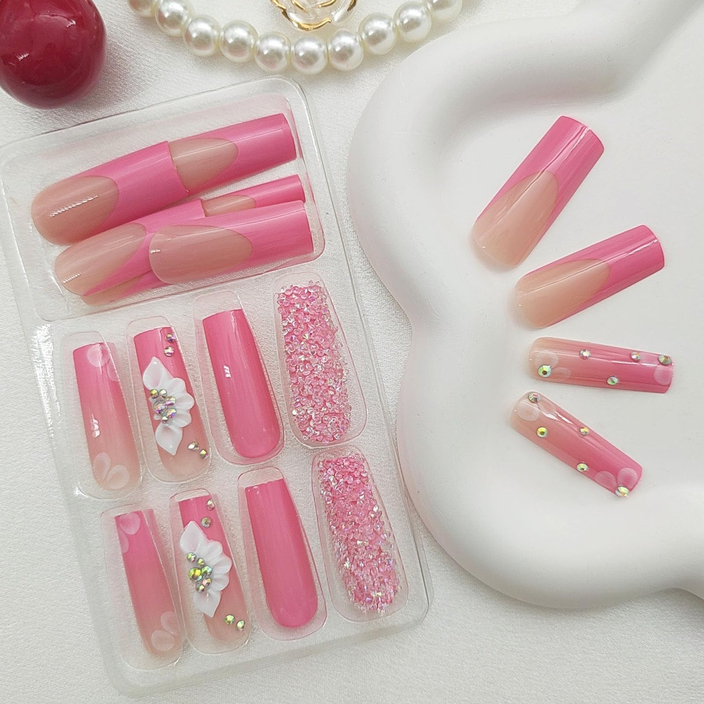 Pink French Tip Press on Nails Long Square Fake Nails White Flowers Glue on Nails Full Cover Acrylic Nails Glossy False Nails Broken Diamond Designs Cute Nails Spring Stick on Nails for Women 24Pcs