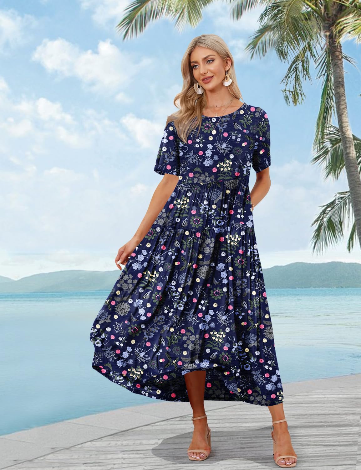 YESNO Women Casual Loose Bohemian Floral Dress with Pockets Short Sleeve Long Maxi Summer Beach Swing Dress S EJF CR424