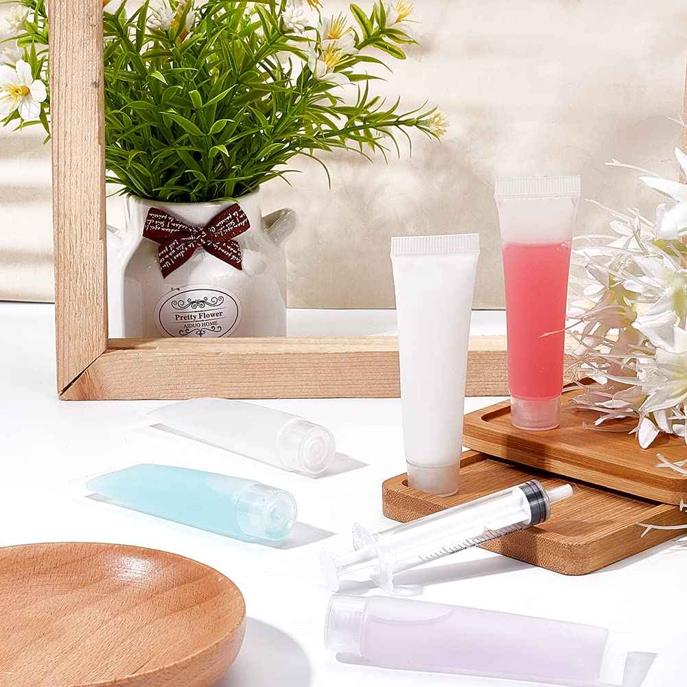 BENECREAT 30 Pack 0.5oz Clear Empty Tubes with Plastic Syringes Clear Squeezable Cosmetic Containers Refillable Plastic Tubes for Shampoo Facial Cleanser Makeup Sample