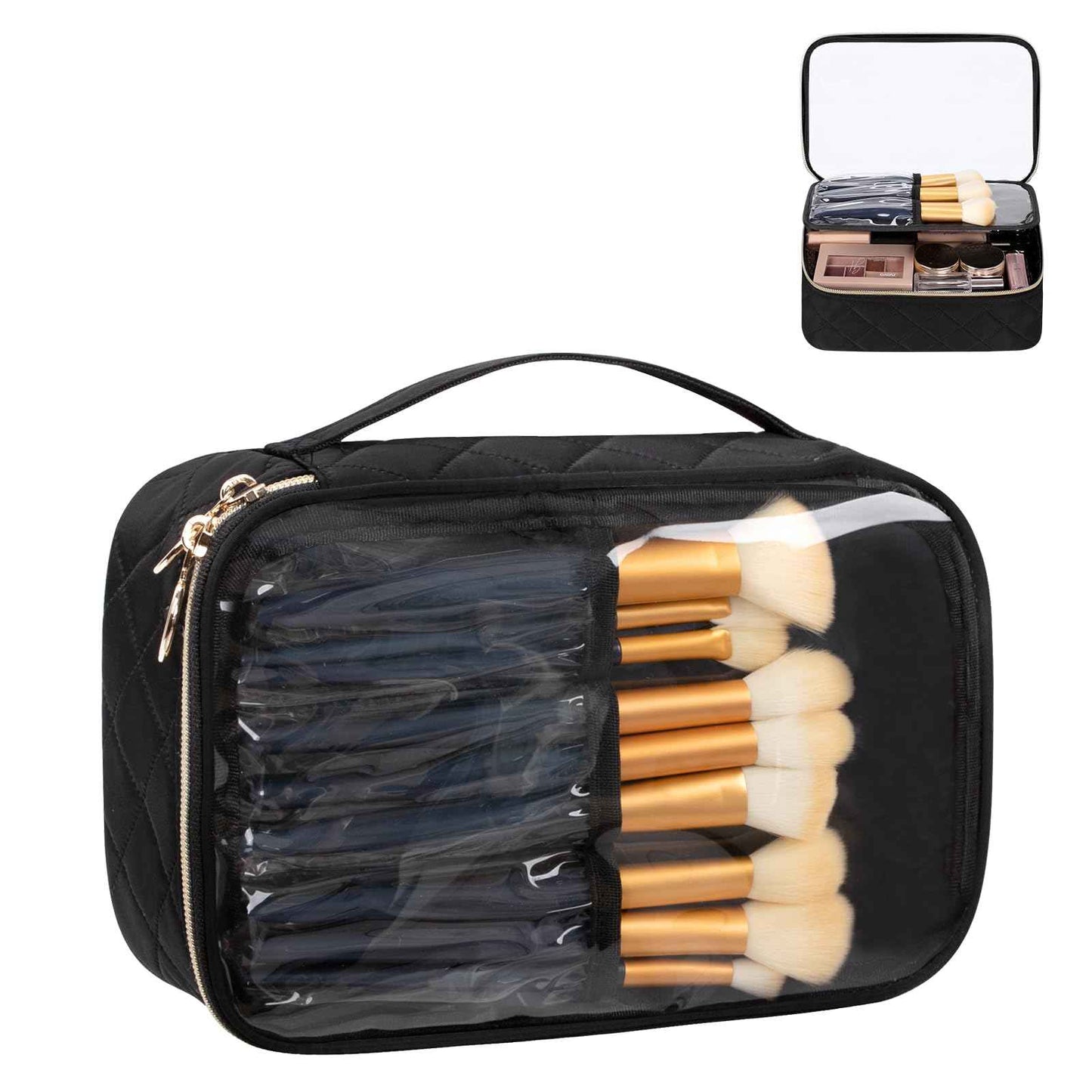 OCHEAL Clear Makeup Bag, Portable Cosmetic Organize,Travel Makeup Bag Cute Clear Pouch For Women and Girls Cosmetics Bags with Divider Makeup Brush Compartment-Black Nylon