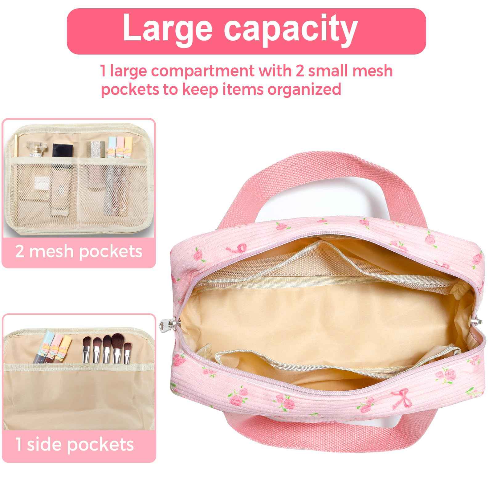 Chicarries Small Makeup Bag for Purse Cute Corduroy Cosmetic Pouch with Zipper Travel Toiletry Bag for Women(Flower bow pink)
