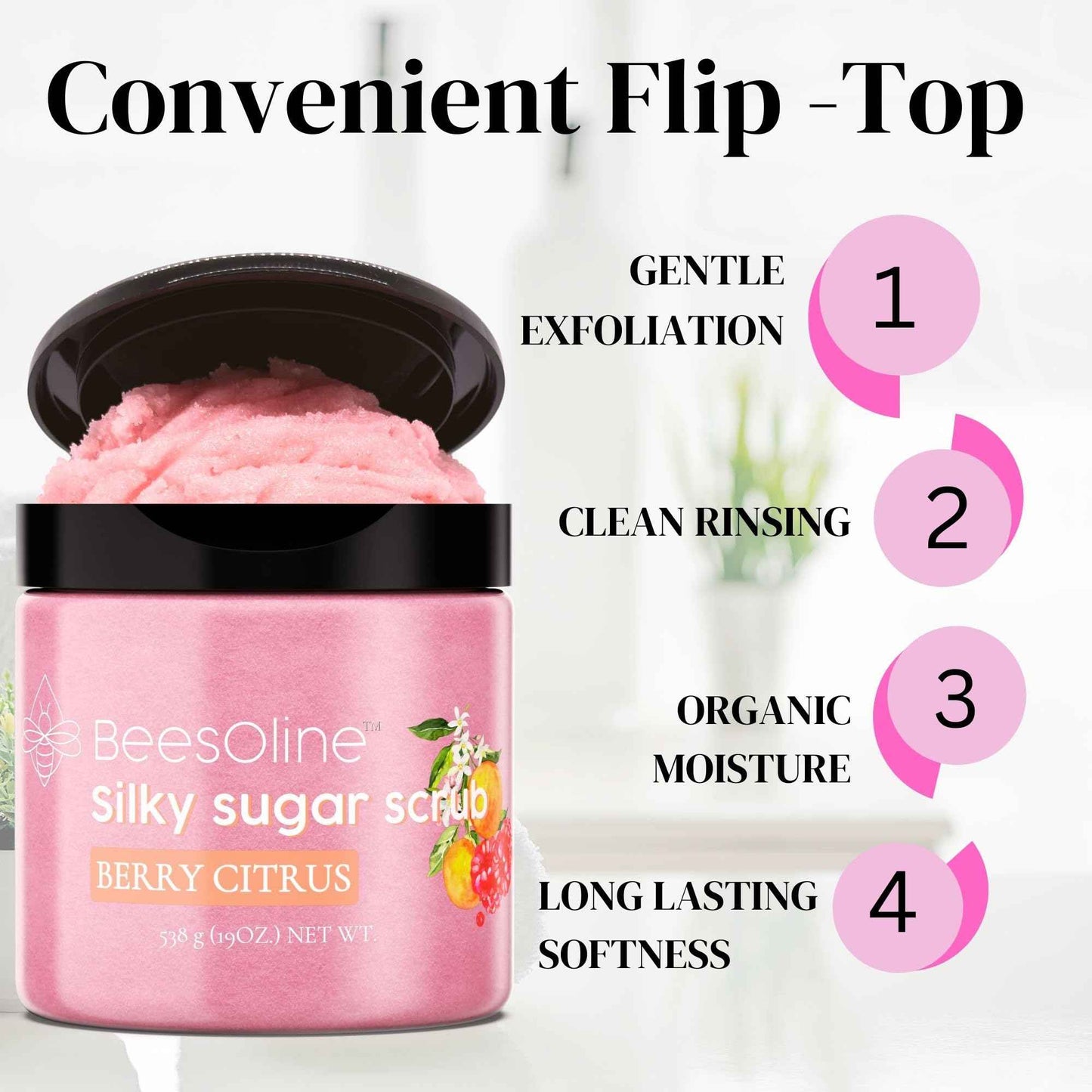 Sugar Scrub by BeesOline - Premium Fine Cane Sugar | Berry Citrus Scented - Extra Large 20oz, Convienent Flip-Top Lid, Organic Sunflower Oil & COCONUT OIL for Smooth Gentle Exfoliation