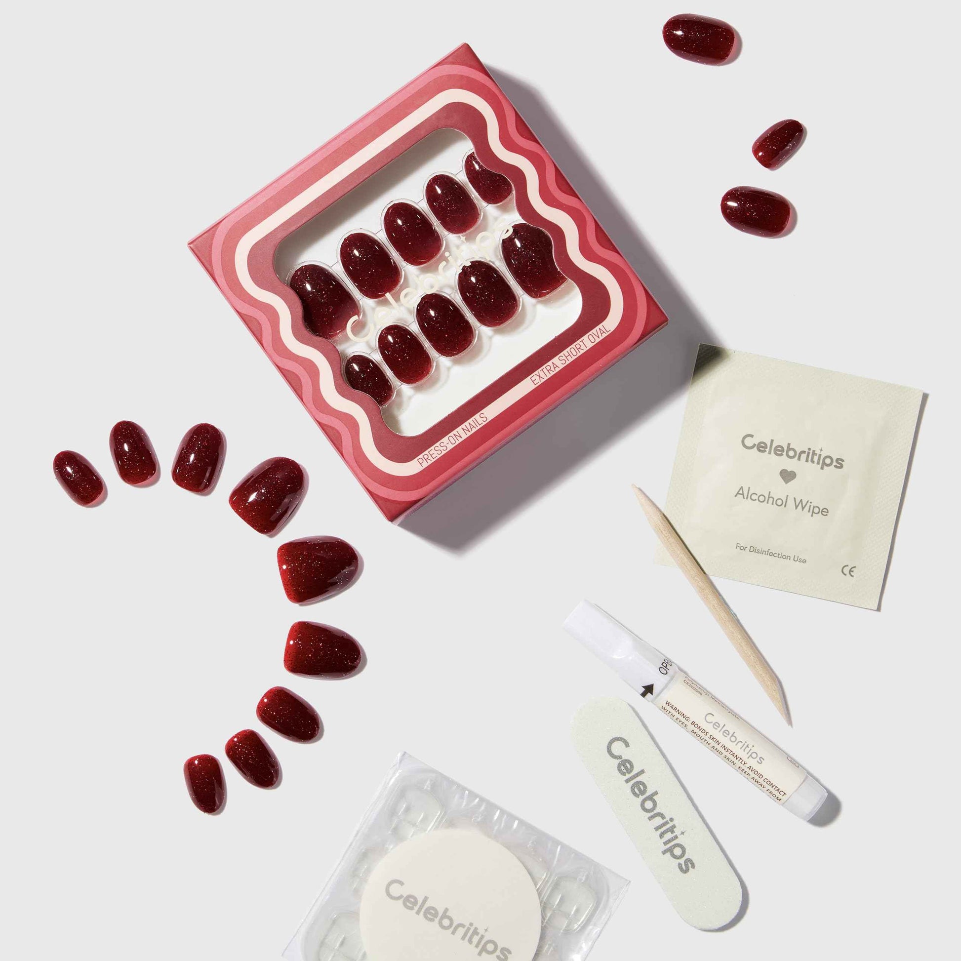 Celebritips Nail Art Press-Ons | Scarlett, Extra Short Oval Nails, Reusable | 16 sizes - 32 Nails Kit with Super-hold Nail Glue and Sticky Tabs