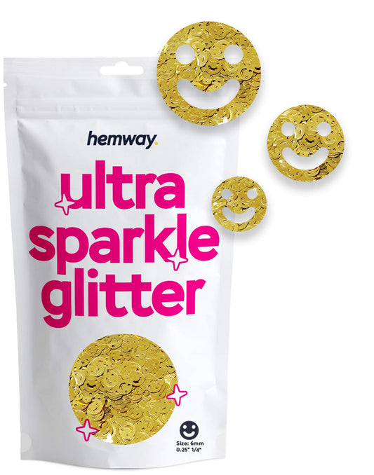 Hemway Ultra Sparkle Glitter - 1/4" 0.25" 6mm - Smiley Face Cosmetic Glitter Shapes for Decoration, Art, Nails, Crafts - Gold - 50g