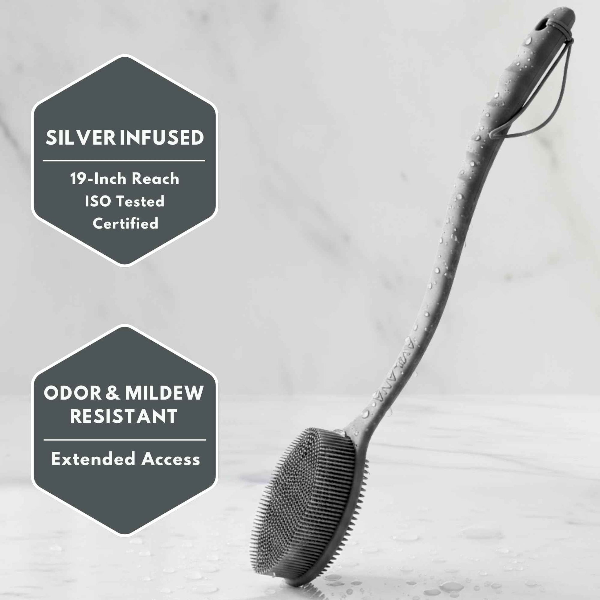 Silver Infused Long Handle Back Scrubber - 19 inch Premium Extended Reach Body Brush - Avilana Advanced Material Bath Tool Easy Grip - Luxury Body Wash Brush Gift