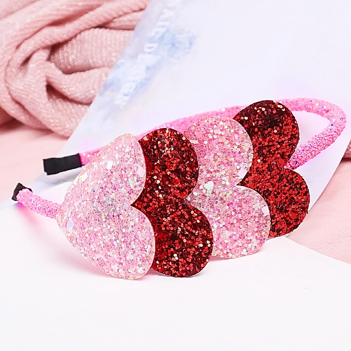 Doneace Valentine's Day Heart Headband Hair Band Glitter Hair Hoop Red and Pink Sequins Hair Accessories Headdress for Women Girls Valentine's Day New Year Wedding Birthday Party Gift