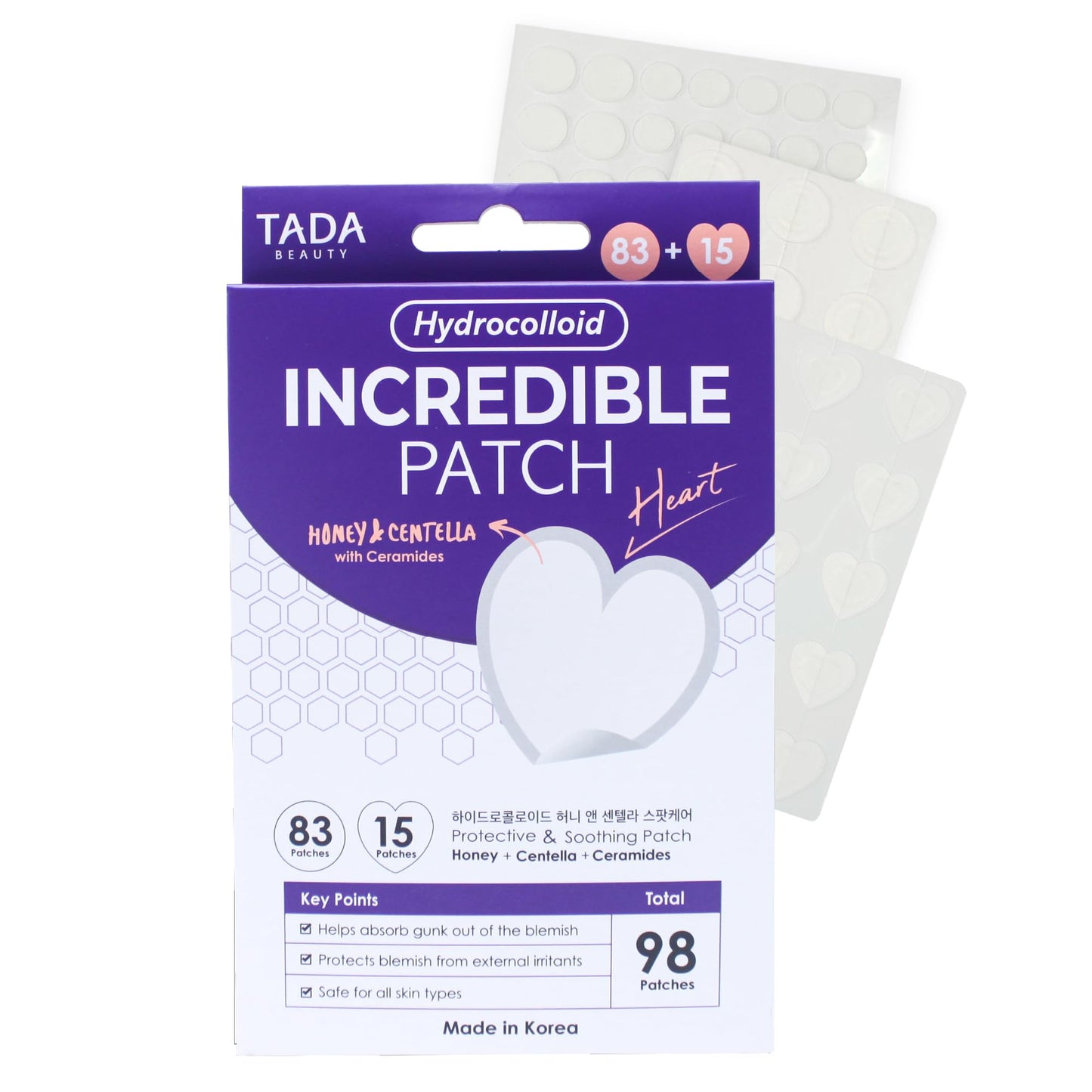 TADA BEAUTY Incredible Blemish Patch - Hydrocolloid Pimple Patches Acne Patches for Face, Spot Treatment (Heart 98count)