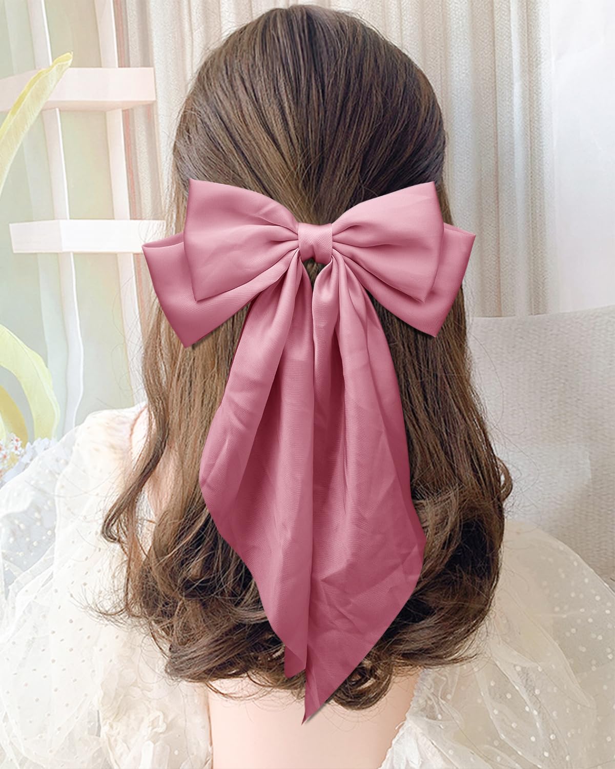 2Pcs Silky Satin Hair Bows with Long Tail for Women - Korean Pink Coquette Ribbon Clips, Aesthetic Hair Bows & Clips