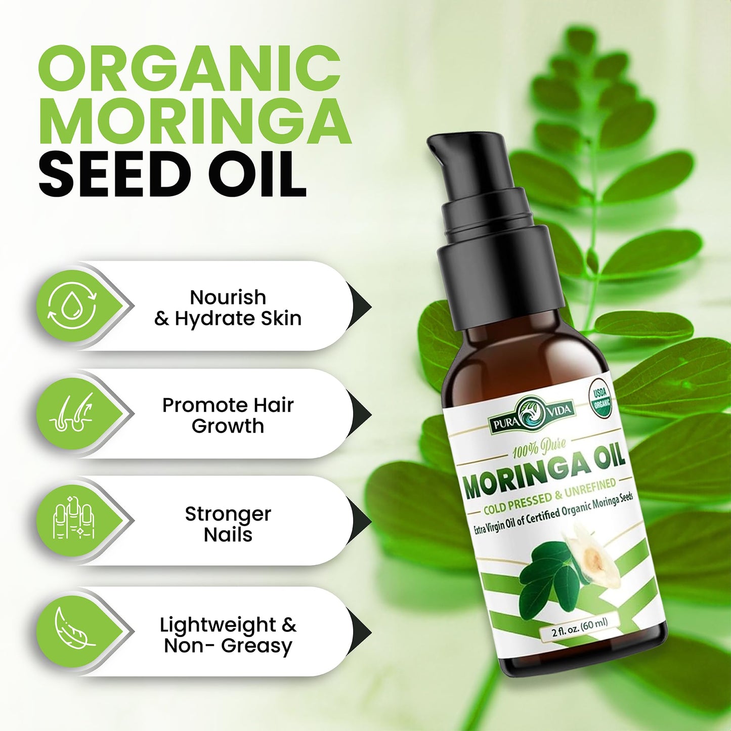 100% Pure Moringa Oil Organic for Face, Hair, Nails and Dry Skin - USDA Certified Single Origin Moringa Oleifera Seeds Extract - 3rd Party Tested, Cold Pressed & Unrefined Organic Moringa Seed Oil