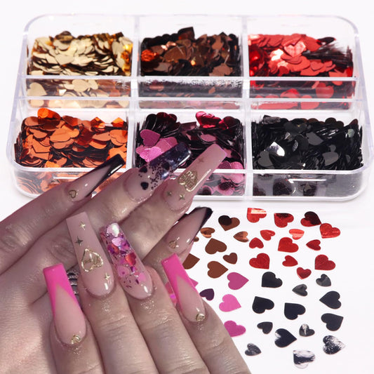 6 Color Heart Nail Art Sequins Valentine's Day Love Nail Glitter Kits Nail Decoration Supplies 6 Grids 3D Love Heart Holographic Nail Flakes Heart Shape Nail Glitters Sparkle for Women Girls Nail Art