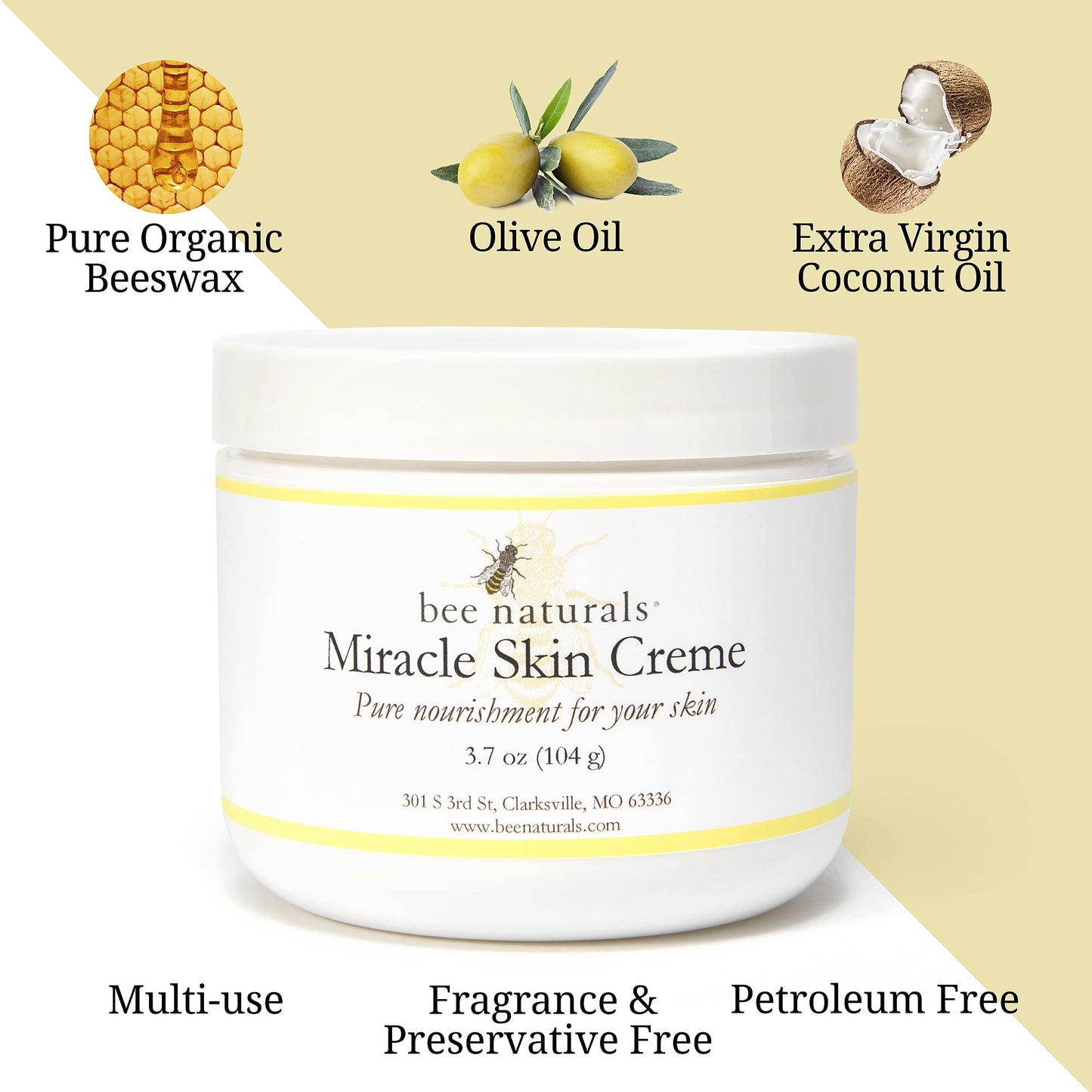 Bee Naturals Miracle Skin Creme - All-Natural Hydrating Cream for Full body - Pure Nourishment with Olive Oil, Beeswax & Coconut Oil - Loved globally for Versatility & Trusted by Generations (4 oz)