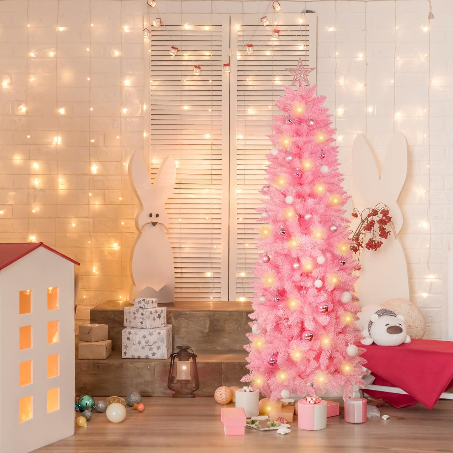 XmasExp Pink Skinny Pencil Christmas Tree, 6ft Artificial Slim Thin Christmas Tree with Warm LED Lights String 8 Lighting Modes and Christmas Ball Onaments