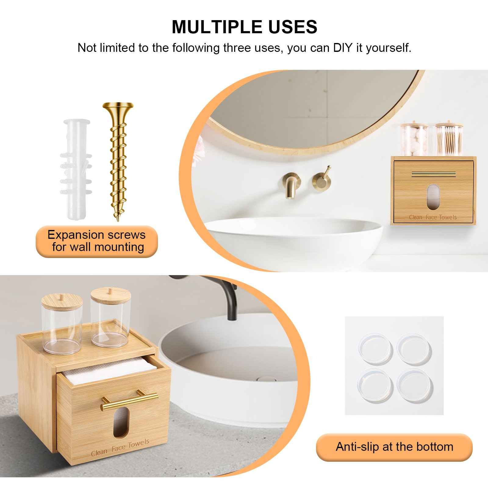 Disposable Face Towel Holder Bamboo Storage Box with 60 XL Towels, Cotton Balls Holders, Facial Towels Container Box with Drawer, Towel XL Organizer for Bathroom, Makeup Remover Dry Wipes Washcloths