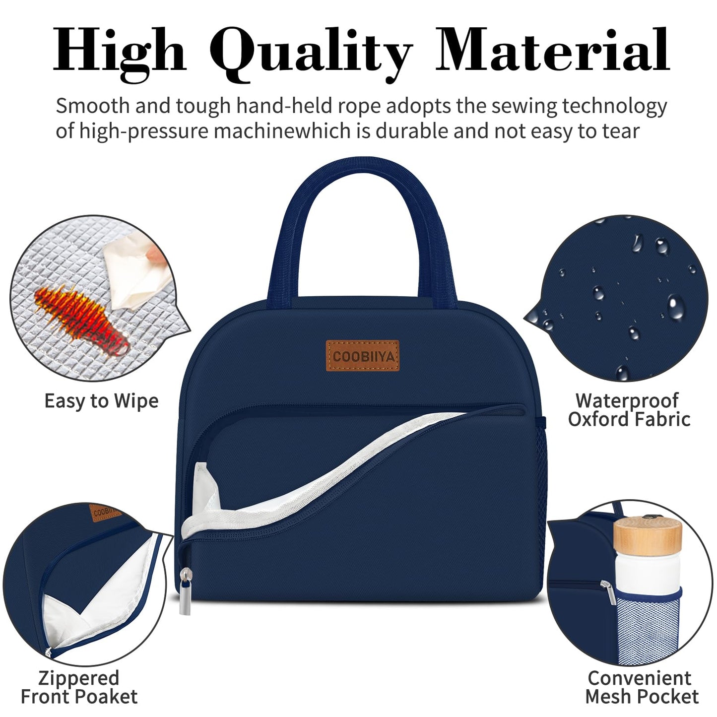 Coobiiya Lunch Bag for Men and Women - Navy Blue, Aluminum, 10.8" x 6.3" x 8.85" - Spacious, Lightweight, and Durable