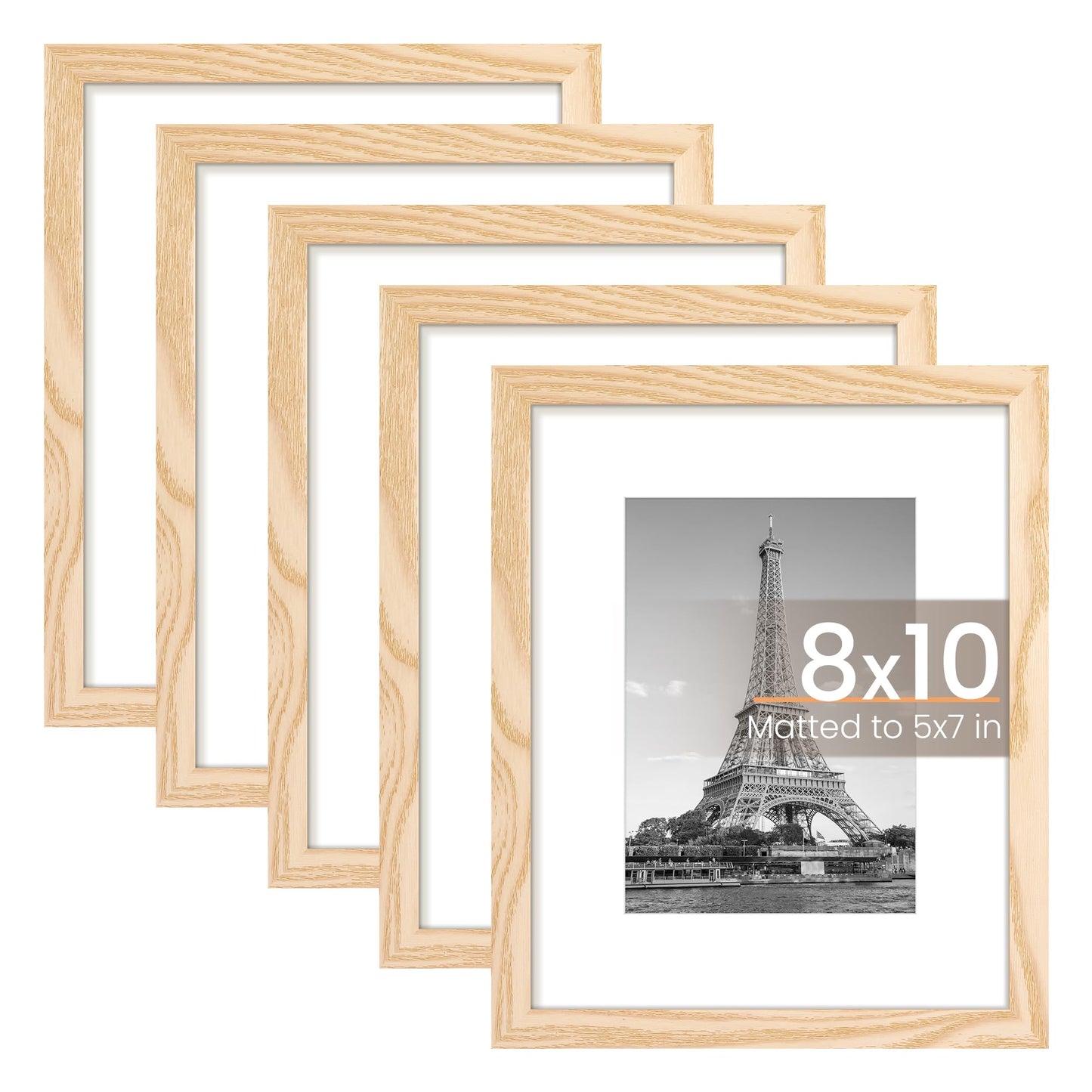 upsimples 8x10 Picture Frame Set of 5, Display Pictures 5x7 with Mat or 8x10 Without Mat, Wall Gallery Photo Frames, Natural