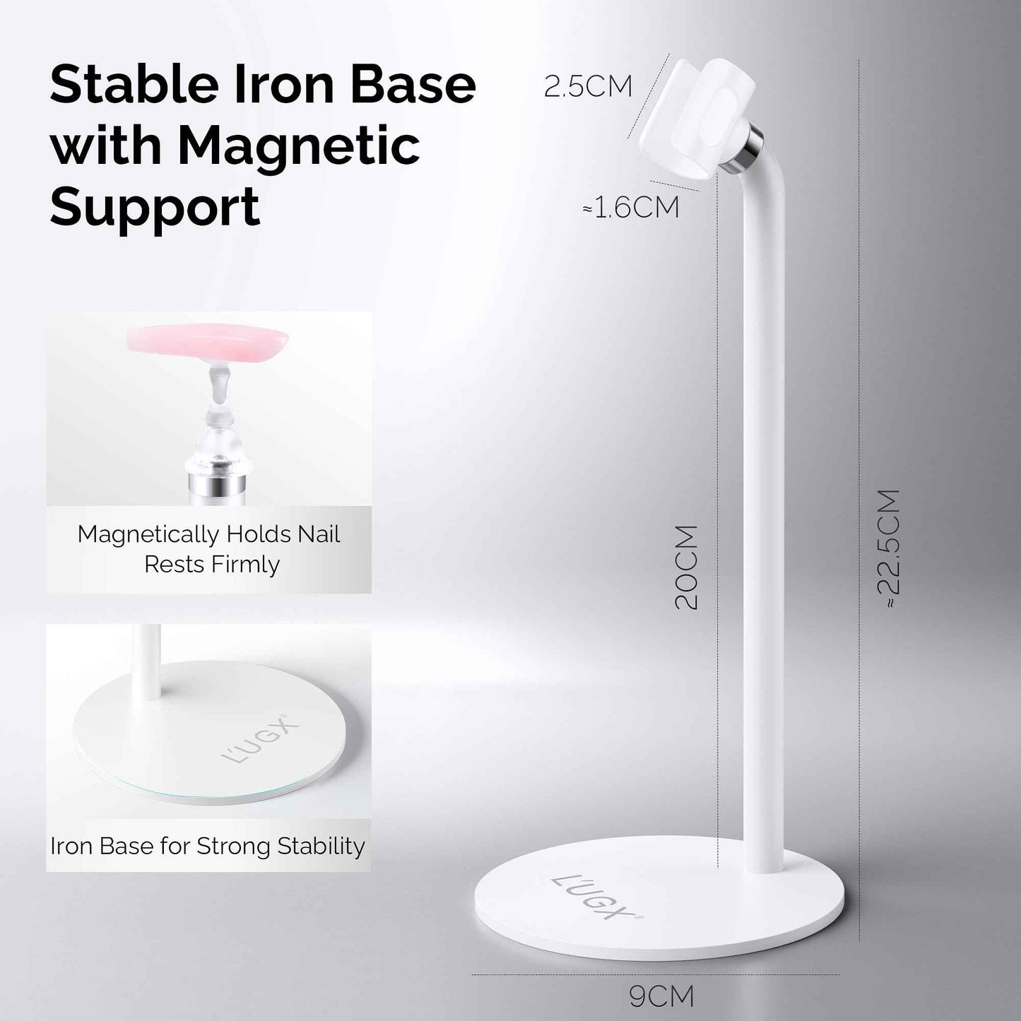 L'UGX Magnetic Handheld uv Light for Gel Nails Stand – 360° Rotating Iron Base Holder, Strong Magnetic Mount for Gel Nail Dryer Pen,Detachable Support for Manicure Table or Salon Use