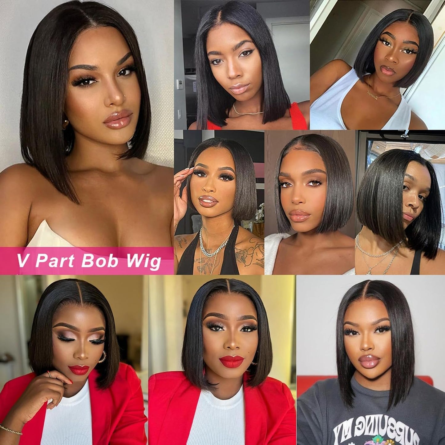 Enguer V Part Wig Human Hair Bob Wig Human Hair for Black WomenBrazilian Remy Human Hair BobWigs Beginner Friendly No Glue No Sew in Glueless WigsNatural Black 10inch