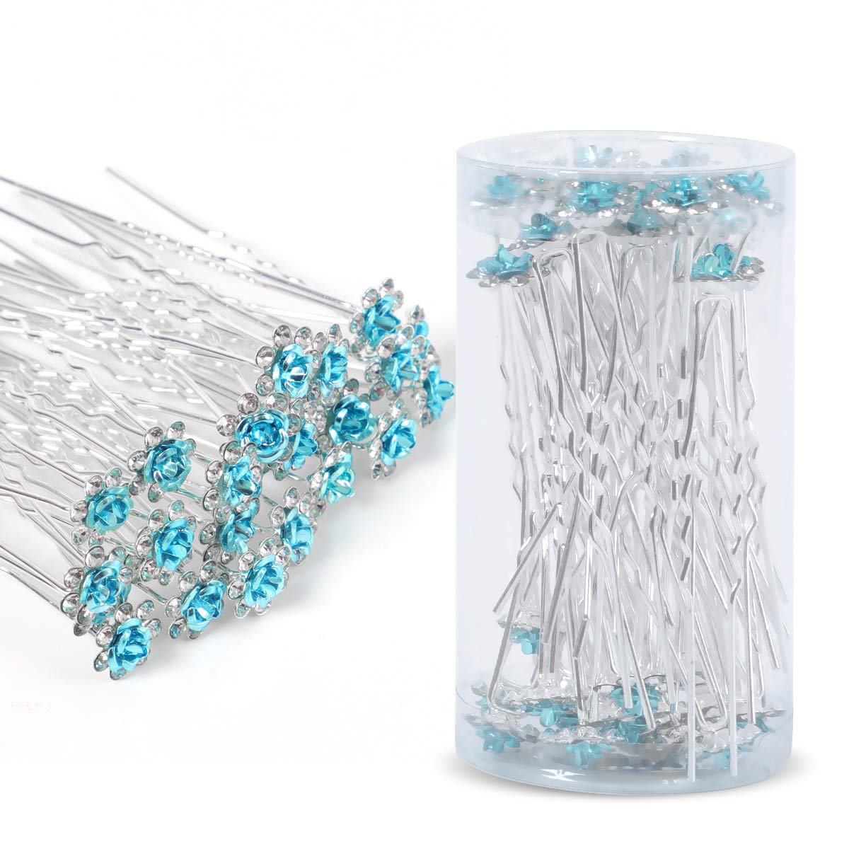 BETITETO 40 Pcs U-Shaped Flower Rhinestone Hair Pins Crystal Hair Accessories for Bridal Wedding Party Girls' Sweet Sixteen (Lake Blue)