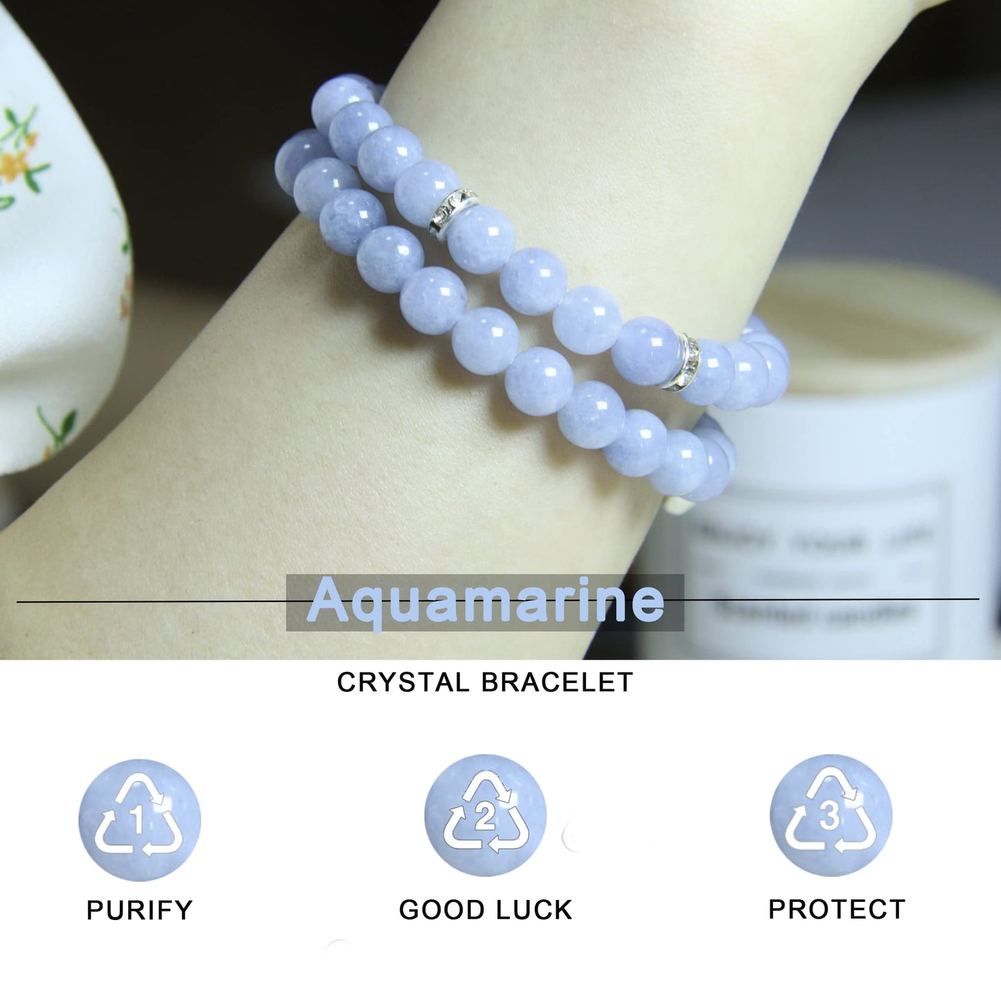 Healing Bracelets for Women - Aquamarine Bracelet - Healing Prayers Crystal Bracelet, 8mm Natural Stone Anti Anxiety Stress Relief Yoga Beads Get Well Soon Gifts