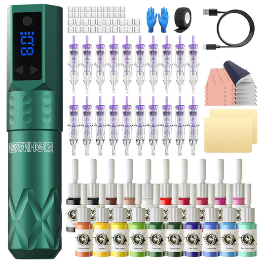 Wormhole Tattoo Gun Wireless Tattoo Kit, Aluminum Alloy Tattoo Machine with LED Display, 1200mAh Battery Dot Work & Jumpstart Mode – Professional Tattoo Gun Kit for Artists with Ink, Needles