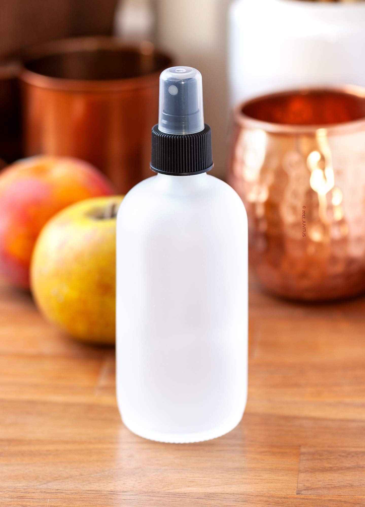 JUVITUS 8 oz Frosted Clear Glass Boston Round Bottle with Black Fine Mist Spray (6 Pack)