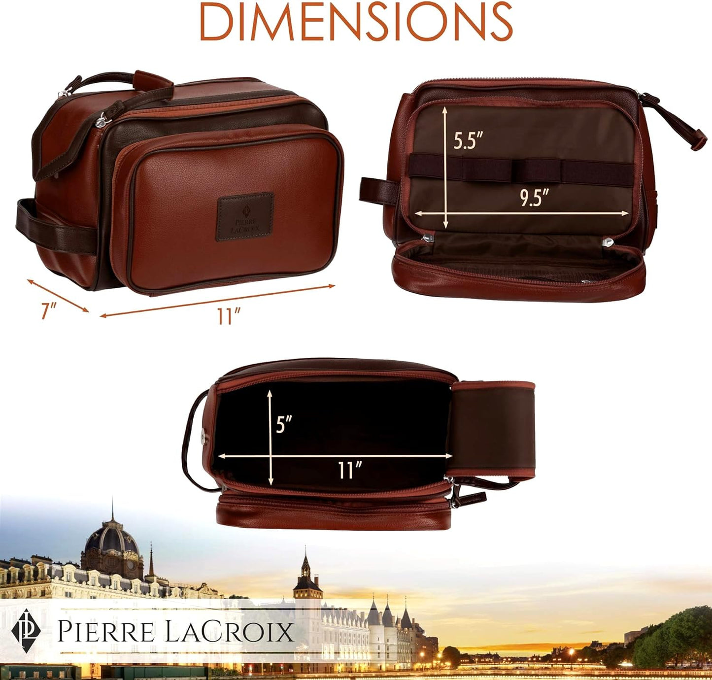 Cruelty-Free Leather Travel Toiletry Bag/Dopp Kit by Pierre LaCroix | Hand-Stitched Using Premium PU Leather and YKK Zippers | Leak Proof | (11"x7"x7")