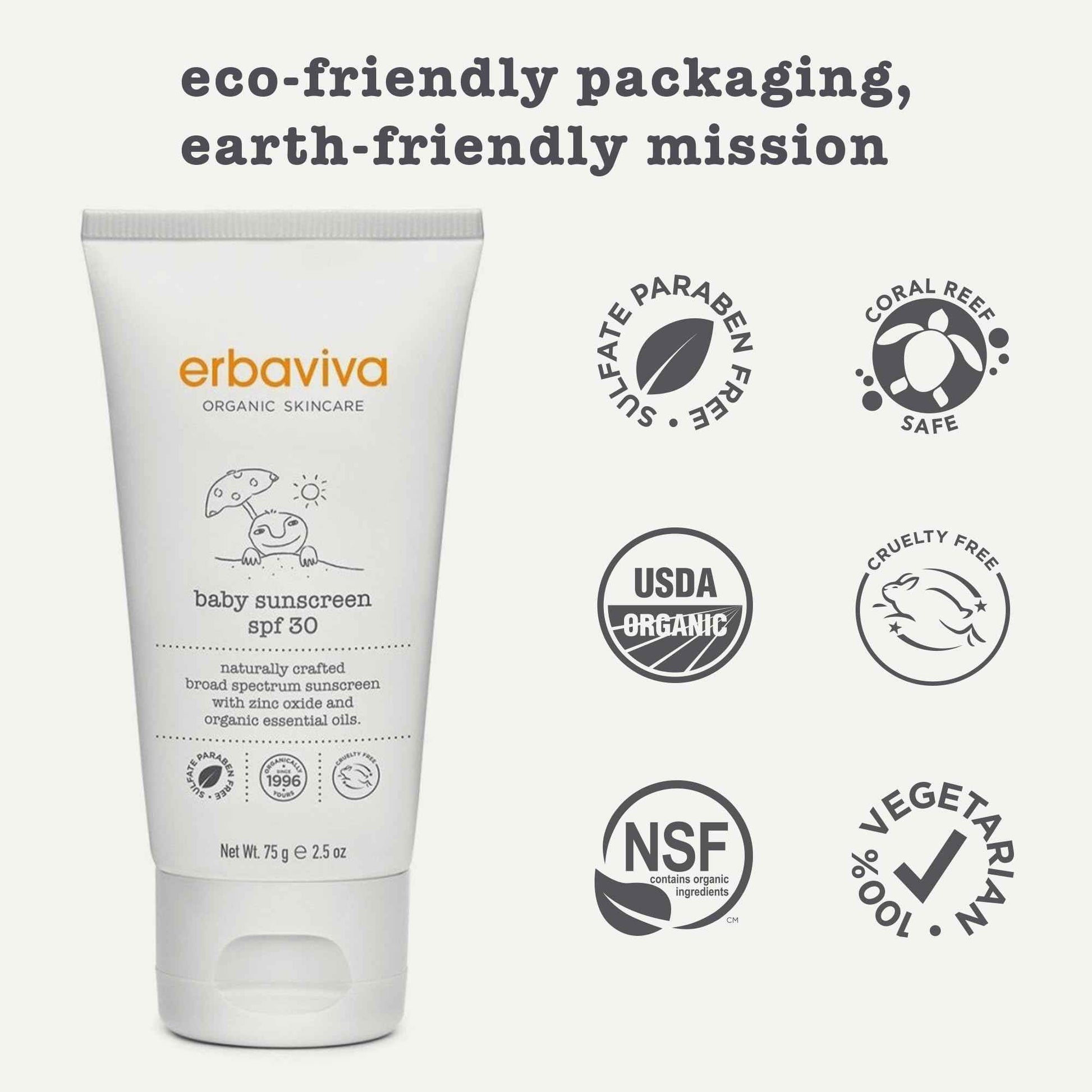 Erbaviva Organic Baby Sunscreen 2.5 Ounce - Coral Reef Safe, Natural, UVA & UVB Protection, Water Resistant, Infused with Essential Oils